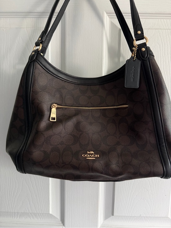 Coach Handbags - Coach Dark Brown Signature Canvas Shoulder Bag with Black Trim